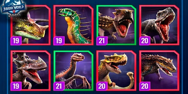 jurassic world the game dinosaurs list