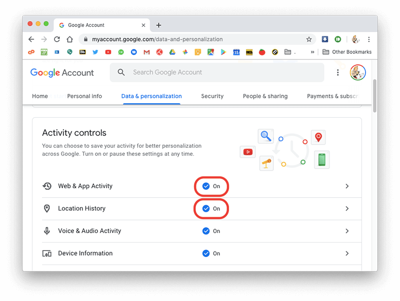 toggle web and app activity off