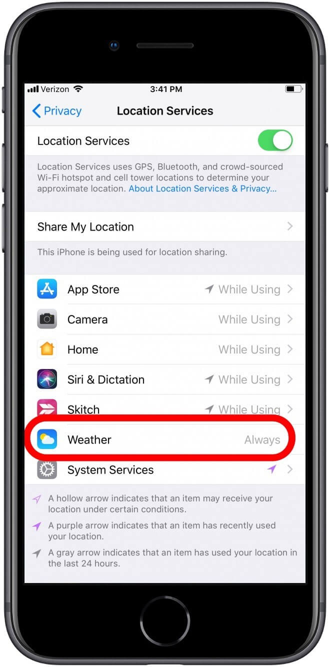 change the weather location services on iphone 3
