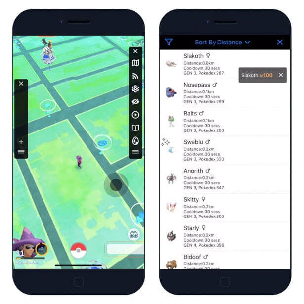 Carte iSpoofer montrant les différents types de Pokémon et leur localisation