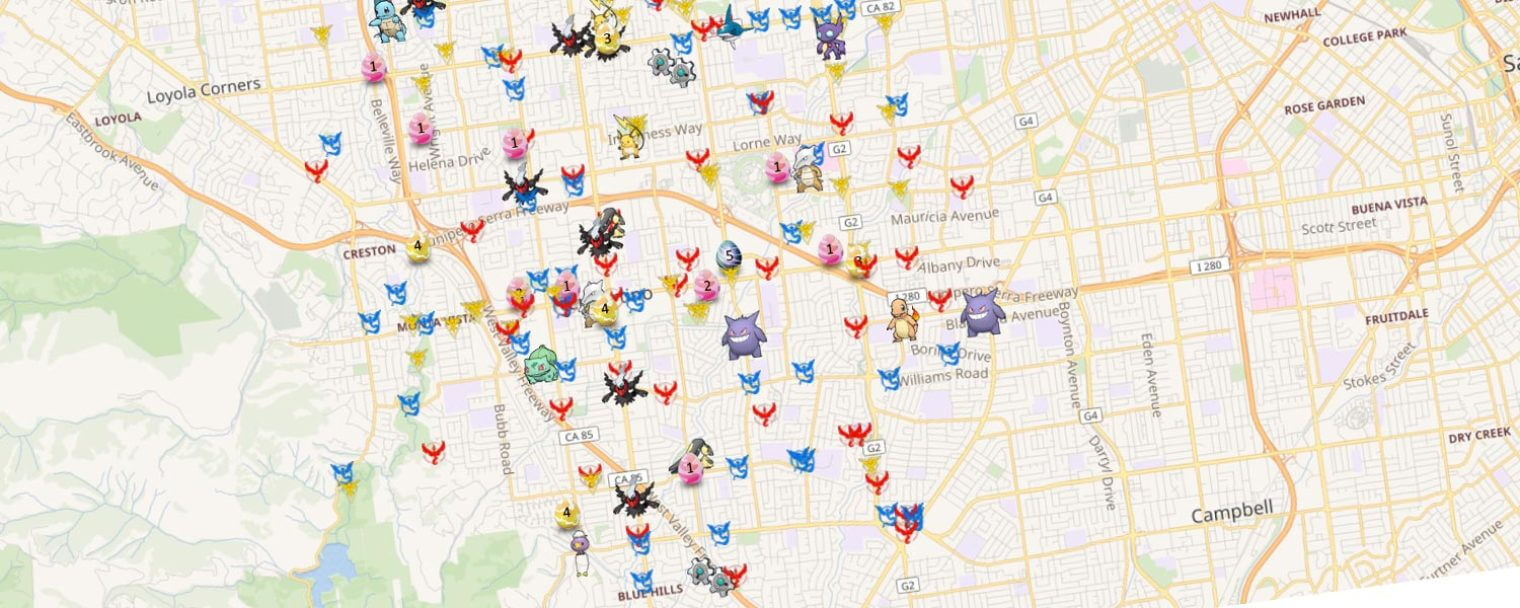 una captura de pantalla del mapa de PokeHuntr