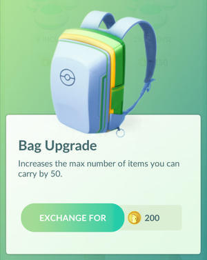Upgrade Bag usando PokéCoin