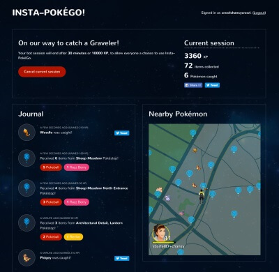 A screenshot of Insta-PokeGo botting app