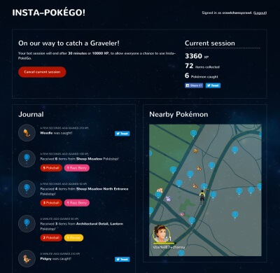 Captura de pantalla de la aplicación de bots Insta-PokeGo