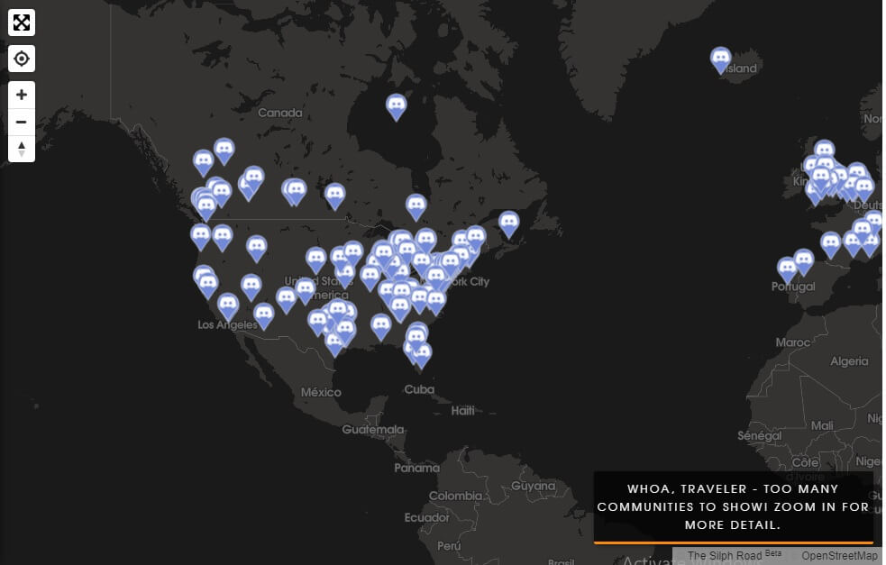 Mapa Silph Road mostrando as comunidades Pokémon Go onde você pode pesquisar eventos do dia da comunidade