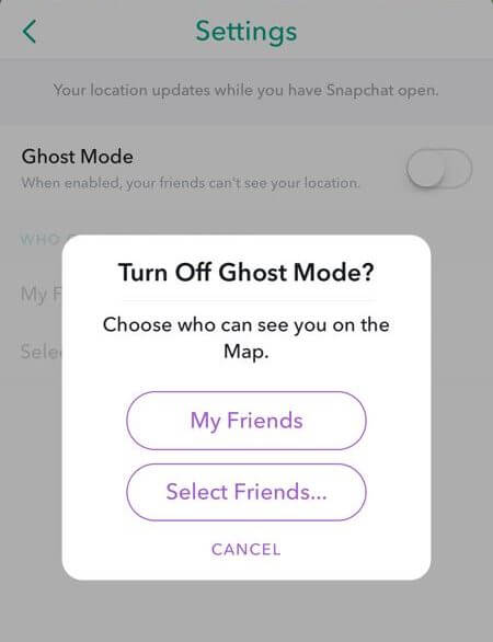 disattiva la posizione di snapchat